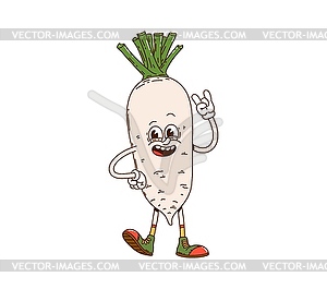 Cartoon groovy daikon vegetable retro character - vector image