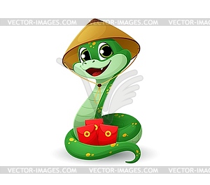 Cartoon snake character holds red gift envelopes - vector image