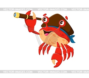 Cartoon crab pirate sea animal looking in spyglass - vector image