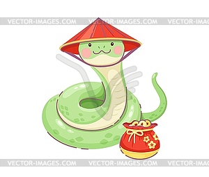 Cartoon snake character in traditional conical hat - vector clipart