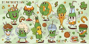 Cartoon groovy retro St Patrick dessert characters - vector clipart