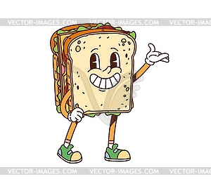 Cartoon groovy fast food sandwich character - vector image