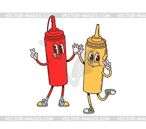 Cartoon groovy ketchup and mustard character - vector image