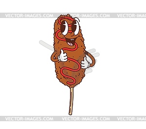 Cartoon groovy fast food corndog cute character - vector image