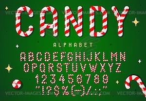 Шрифт Candy cane, алфавит типа рождественского леденца на палочке - иллюстрация в векторном формате