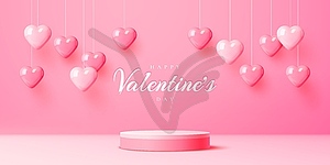 Pink Valentine day podium stage and hanging hearts - vector clipart