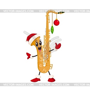 Cartoon saxophone character wearing Santa hat - vector clipart