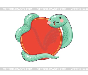 Cute green snake wrapped around round red banner - vector clipart