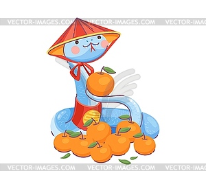 Cute cartoon blue snake with mandarin fruits - vector image