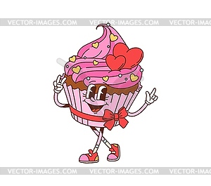 Cartoon groovy Valentine cupcake love character - vector clipart / vector image