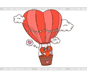 Cartoon groovy valentine heart on air balloon - vector clipart