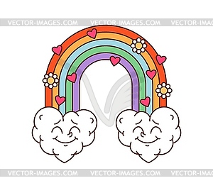 Cartoon groovy Valentine Day rainbow with clouds - vector clip art