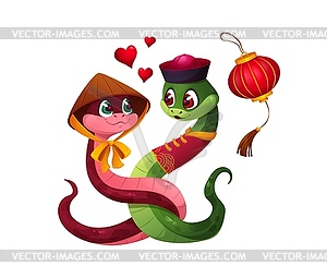 Valentine day cartoon snakes characters in love - vector image