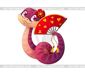 Valentine day cartoon snake character holding fan - vector clipart