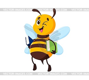 Cartoon honey bee character, mascot holding books - vector clipart