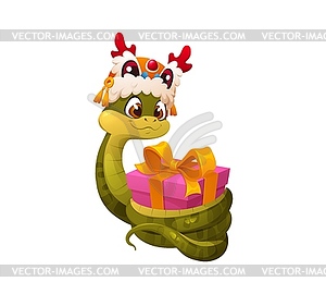 Valentine cartoon snake character holding gift box - vector clipart