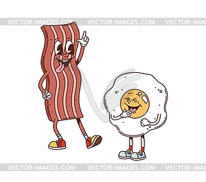 Groovy fast food bacon and fried egg characters - vector image