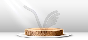 Wooden podium stage, tree bark pedestal display - vector image