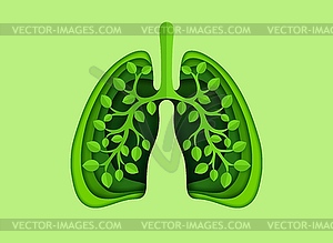 Paper cut lungs with green leaves for clean breath - vector clip art