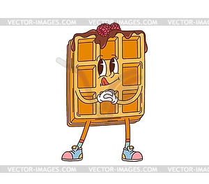 Retro groovy belgian waffle dessert character - vector image