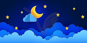 Paper cut crescent moon and stars on night sky - vector clip art