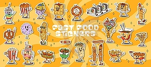 Groovy fast food characters stickers pack - vector image