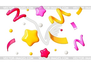 3D holiday confetti of stars and ribbons for party - vector image