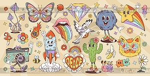 Retro cartoon groovy characters and hippie symbols - vector image