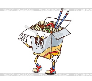 Cartoon groovy fast food wok noodles character - vector clipart