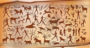 Prehistoric cave painting on stone wall background - vector clip art