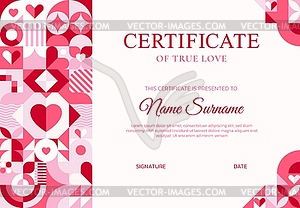 Valentines day certificate with geometric shapes - vector clipart