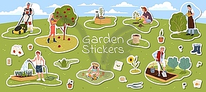 Farmer, gardener and agronomist character stickers - royalty-free vector image