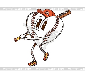 Cartoon groovy baseball heart character with bat - vector image