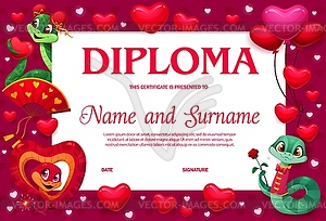 Happy Valentine day diploma with snakes and hearts - royalty-free vector clipart