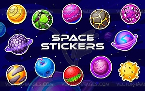 Alien space planets cartoon stickers pack - vector image