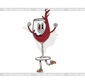 Cartoon red wine glass groovy cute character - vector image