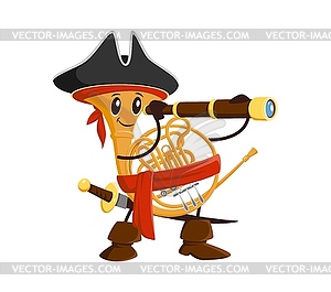 Cartoon French horn musical instrument pirate - vector image