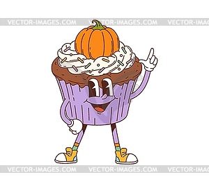 Retro groovy pumpkin cupcake dessert character - vector clip art