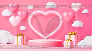 Valentine day podium with clouds, heart balloons - vector clipart