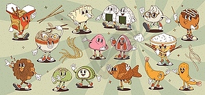 Groovy asian cuisine food and dessert characters - vector clip art