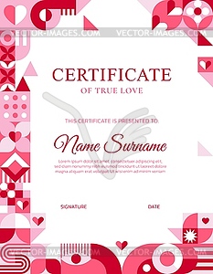 Valentines day certificate with geometric shapes - color vector clipart