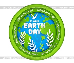 Paper cut earth day 3d banner with blue globe - royalty-free vector image