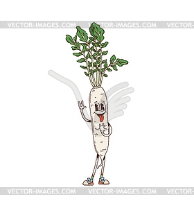 Cartoon groovy daikon vegetable retro character - vector clip art