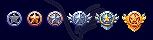 Rating star level medal, game rank cartoon badges - vector image