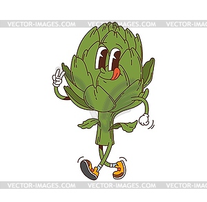 Cartoon groovy artichoke vegetable retro character - vector image