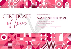 Valentines day certificate with geometric shapes - vector clipart