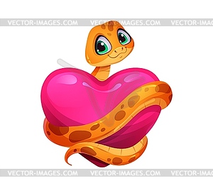 Funny cute snake with love heart, cartoon reptile - vector image