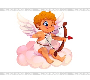 Cherub cupid with bow and arrow sitting on cloud - vector clipart