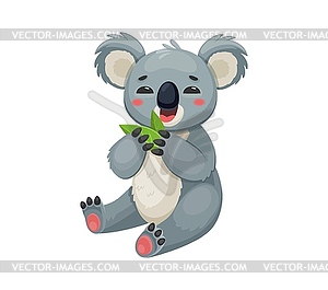 Cartoon koala bear munches on eucalyptus leaf - vector clipart