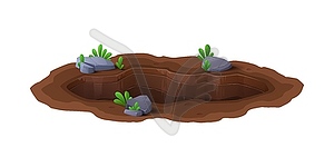 Hole in ground or cartoon pit, deep dirty burrow - vector image